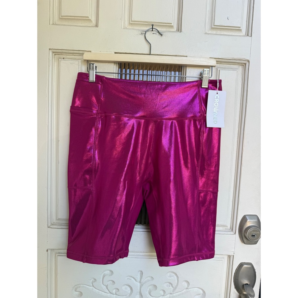 Crowned Athletics Metallic Magenta Pink High Waisted Bike Shorts Size XXL NWT